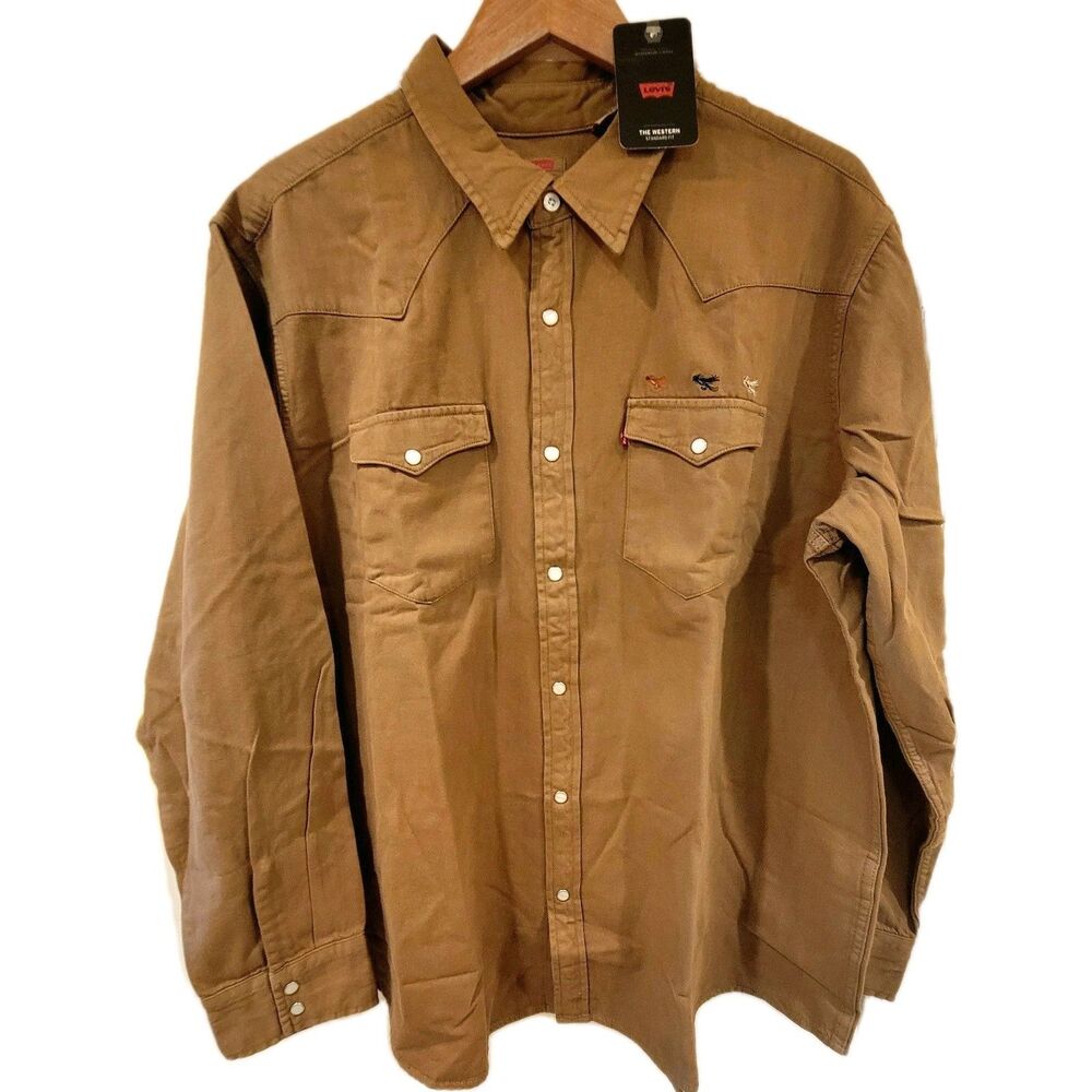 Levis Brown Denim Western Pearl Snap Cowboy Rodeo Fishing Shirt Men's 2XL NWT